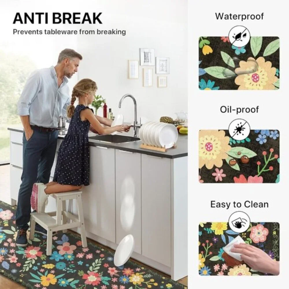 New Set of 2 Black Kitchen Mat, Cushioned, Non-Slip, Anti-Fatigue, Waterproof